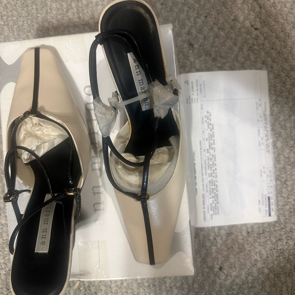 Ann Marino Cream Pumps with Black T-Strap Accents